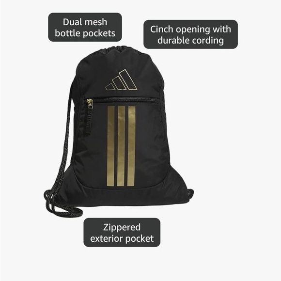 NWT Adidas Men's Women’s Kid’s Black Backpack with Gold Accents Cinch Bag - Picture 5 of 9
